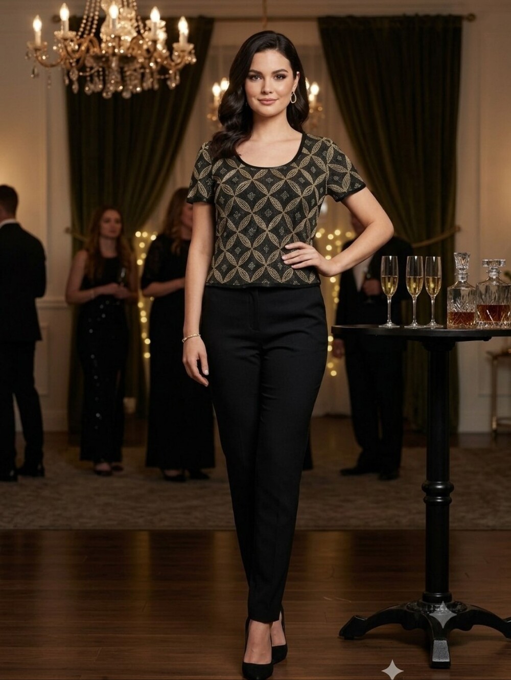 Papell Boutique Evening Black & Gold Beaded 100% Silk Top Size Extra Large Party